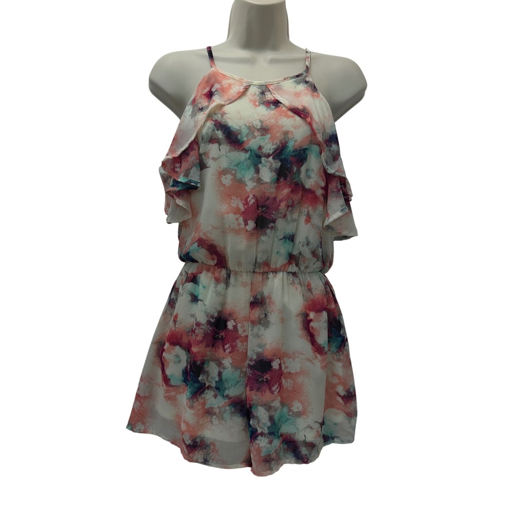 Peach Love California Floral Cold Shoulder Romper Pink Teal R70126-01 Small